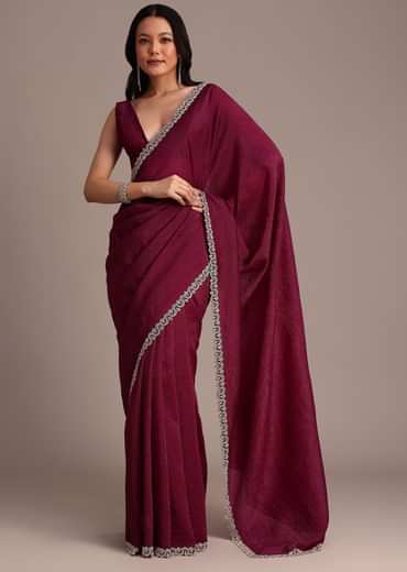 Wine Crushed Tissue Saree With Stone Embellished Border