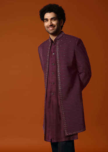 Wine Cutdana Embroidered Sherwani Set For Men