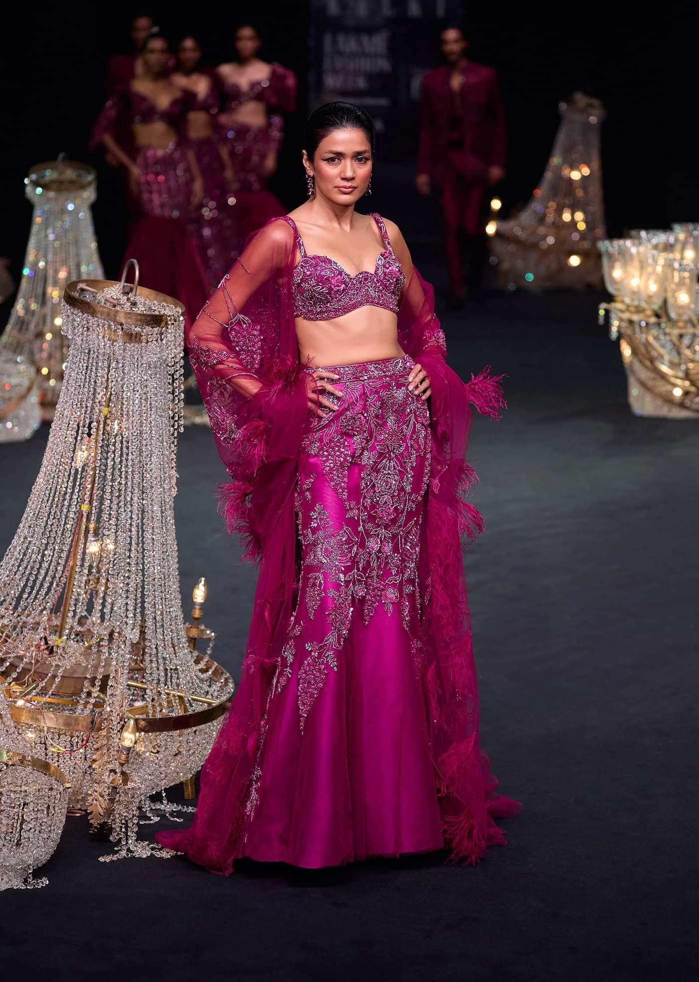 Wine Embellished Fish Cut Skirt And Feathered Cape Set