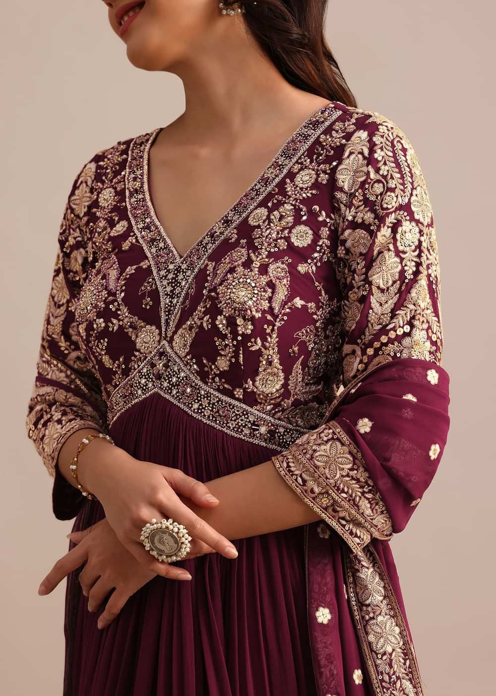 Wine Embroidered Georgette Anarkali Suit