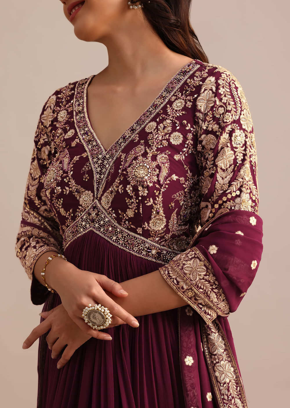 Wine Embroidered Georgette Anarkali Suit