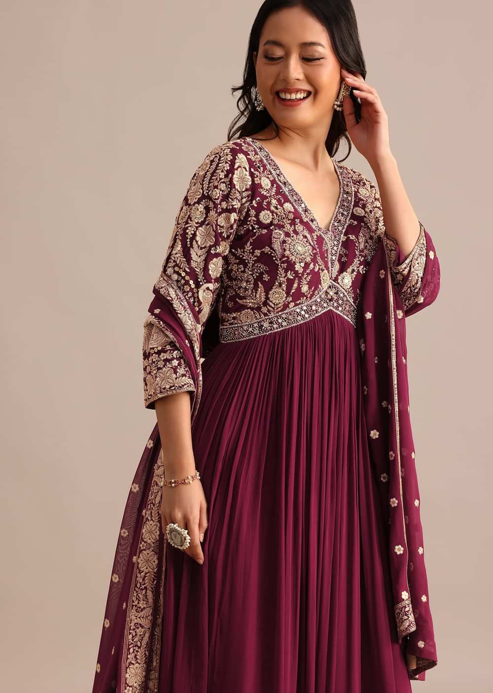 Wine Embroidered Georgette Anarkali Suit