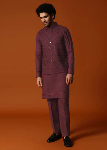 Wine Embroidered Kurta Jacket Set For Men