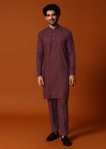 Wine Embroidered Kurta Jacket Set For Men