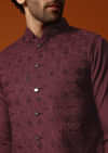 Wine Embroidered Kurta Jacket Set For Men