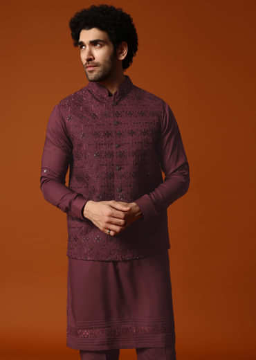 Wine Embroidered Kurta Jacket Set For Men
