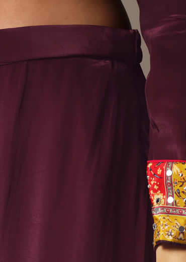 Wine Embroidered Kurta Palazzo Set With Mirror Work Dupatta