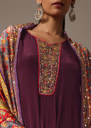 Wine Embroidered Kurta Palazzo Set With Mirror Work Dupatta