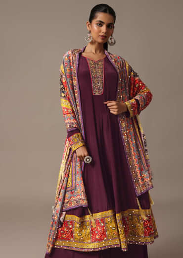 Wine Embroidered Kurta Palazzo Set With Mirror Work Dupatta