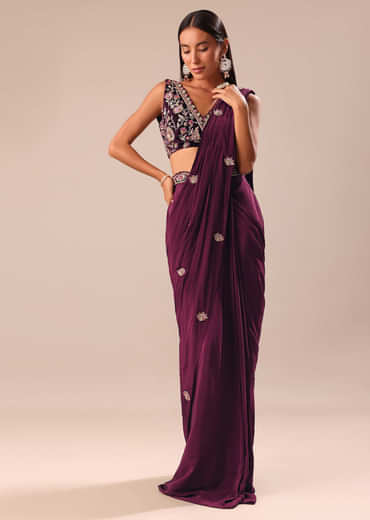Wine Embroidered Pre Stitched Saree With Blouse