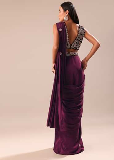 Wine Embroidered Pre Stitched Saree With Blouse