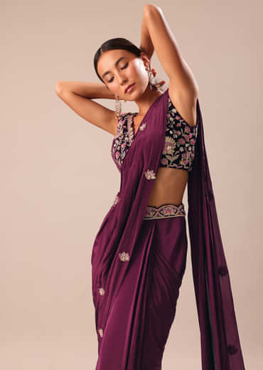 Wine Embroidered Pre Stitched Saree With Blouse