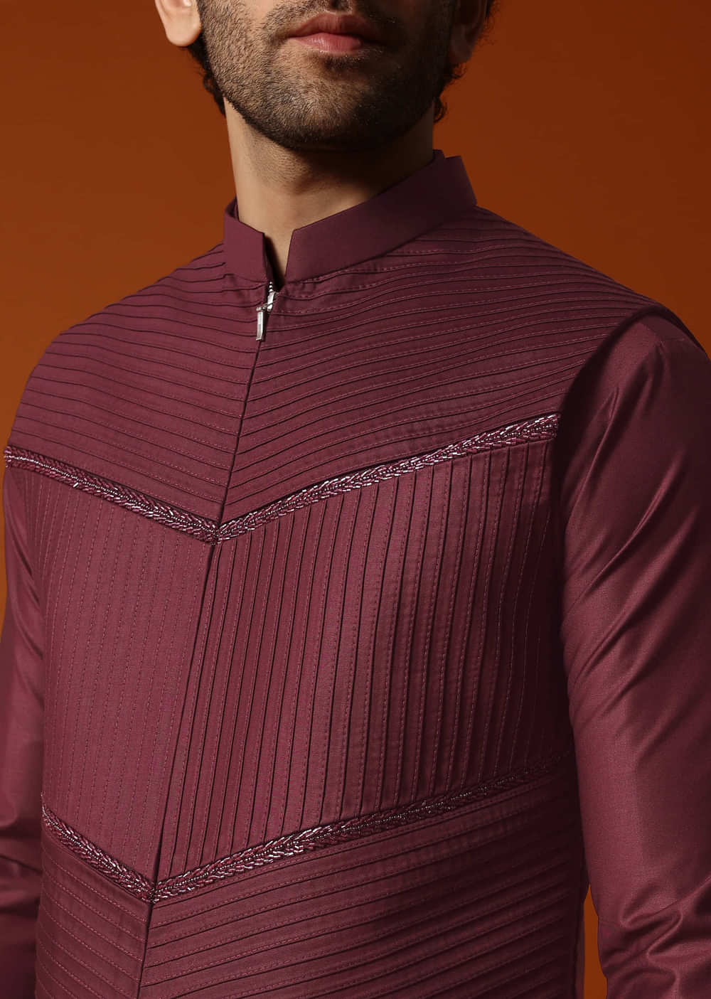 Wine Embroidered Rayon Kurta Jacket Set For Men