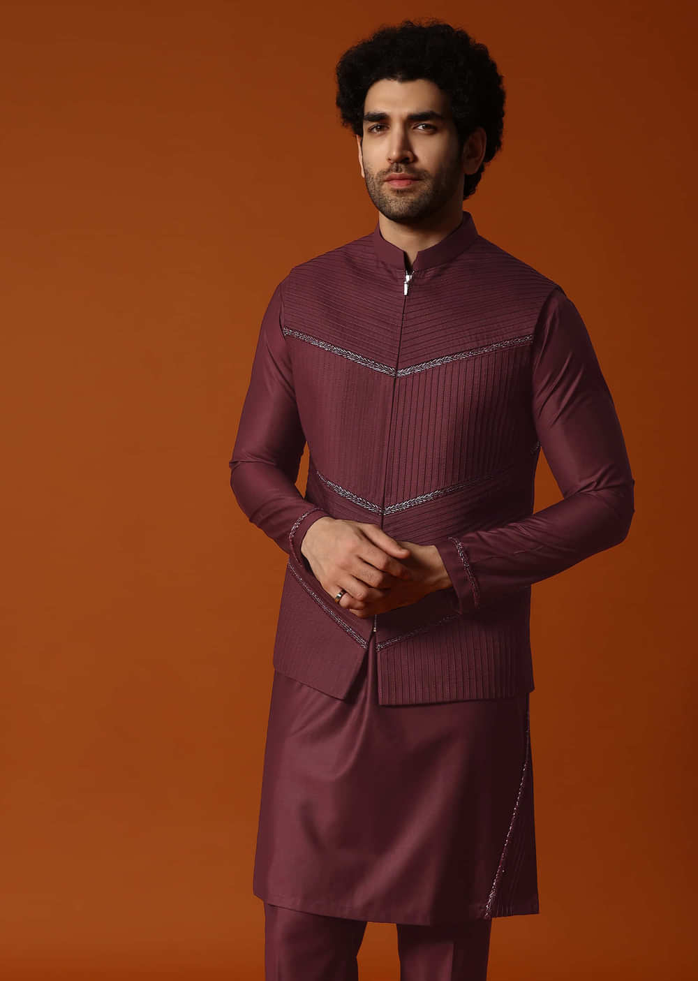 Wine Embroidered Rayon Kurta Jacket Set For Men
