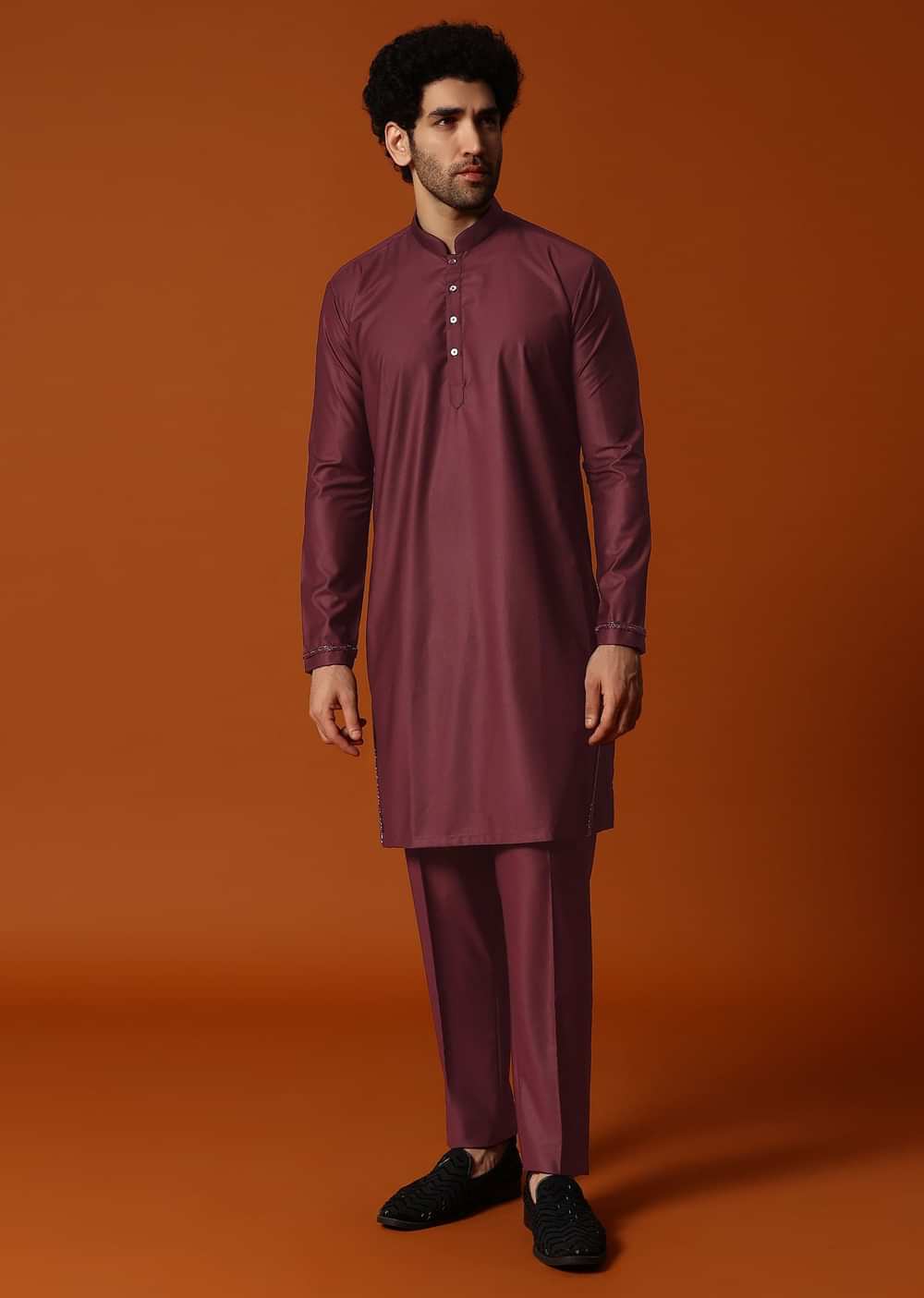 Wine Embroidered Rayon Kurta Jacket Set For Men