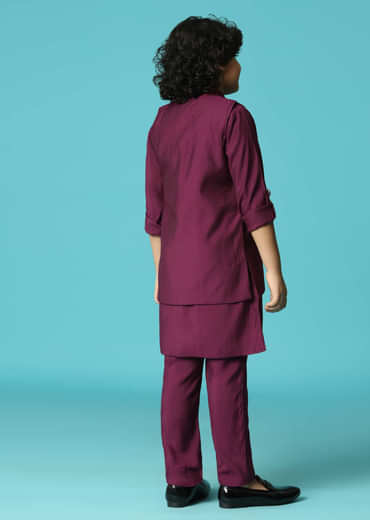 Wine Embroidered Silk Kurta Jacket Set For Boys