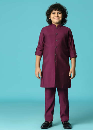 Wine Embroidered Silk Kurta Jacket Set For Boys