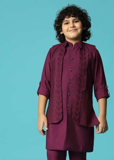 Wine Embroidered Silk Kurta Jacket Set For Boys
