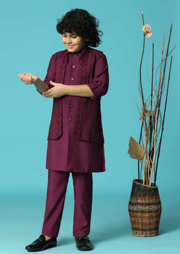 Wine Embroidered Silk Kurta Jacket Set For Boys