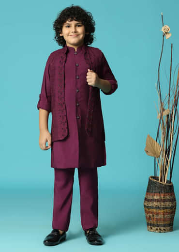 Wine Embroidered Silk Kurta Jacket Set For Boys
