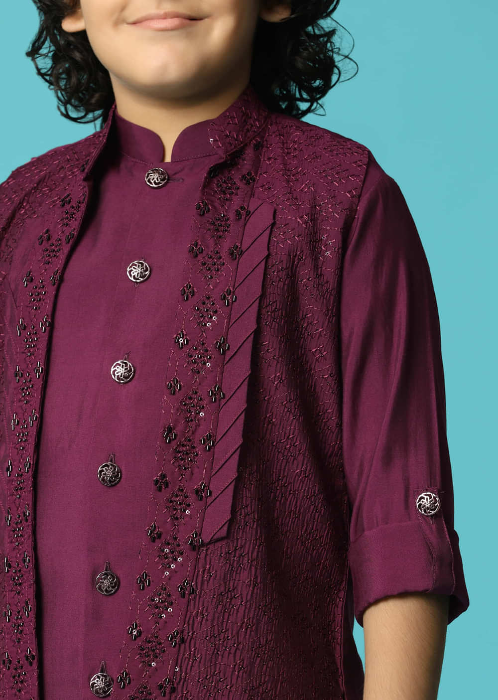 Wine Embroidered Silk Kurta Jacket Set For Boys