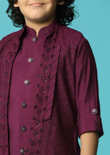 Wine Embroidered Silk Kurta Jacket Set For Boys
