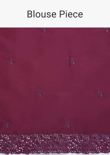 Wine Embroidered Tussar Saree With Unstitched Blouse