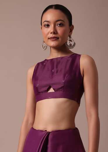 Wine Embroidered Tussar Saree With Unstitched Blouse