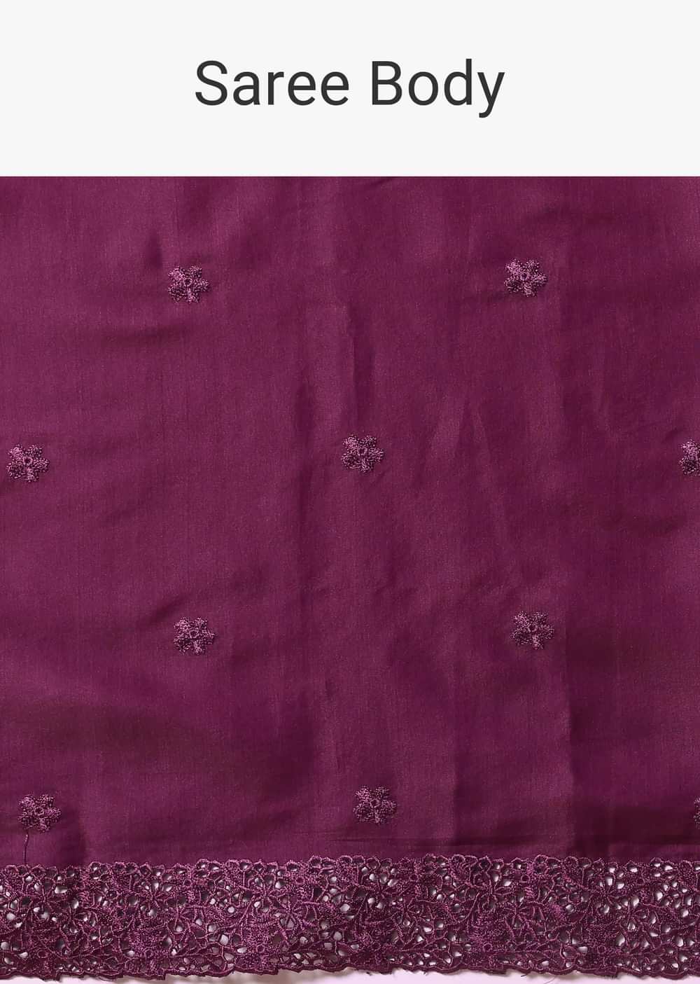 Wine Embroidered Tussar Saree With Unstitched Blouse