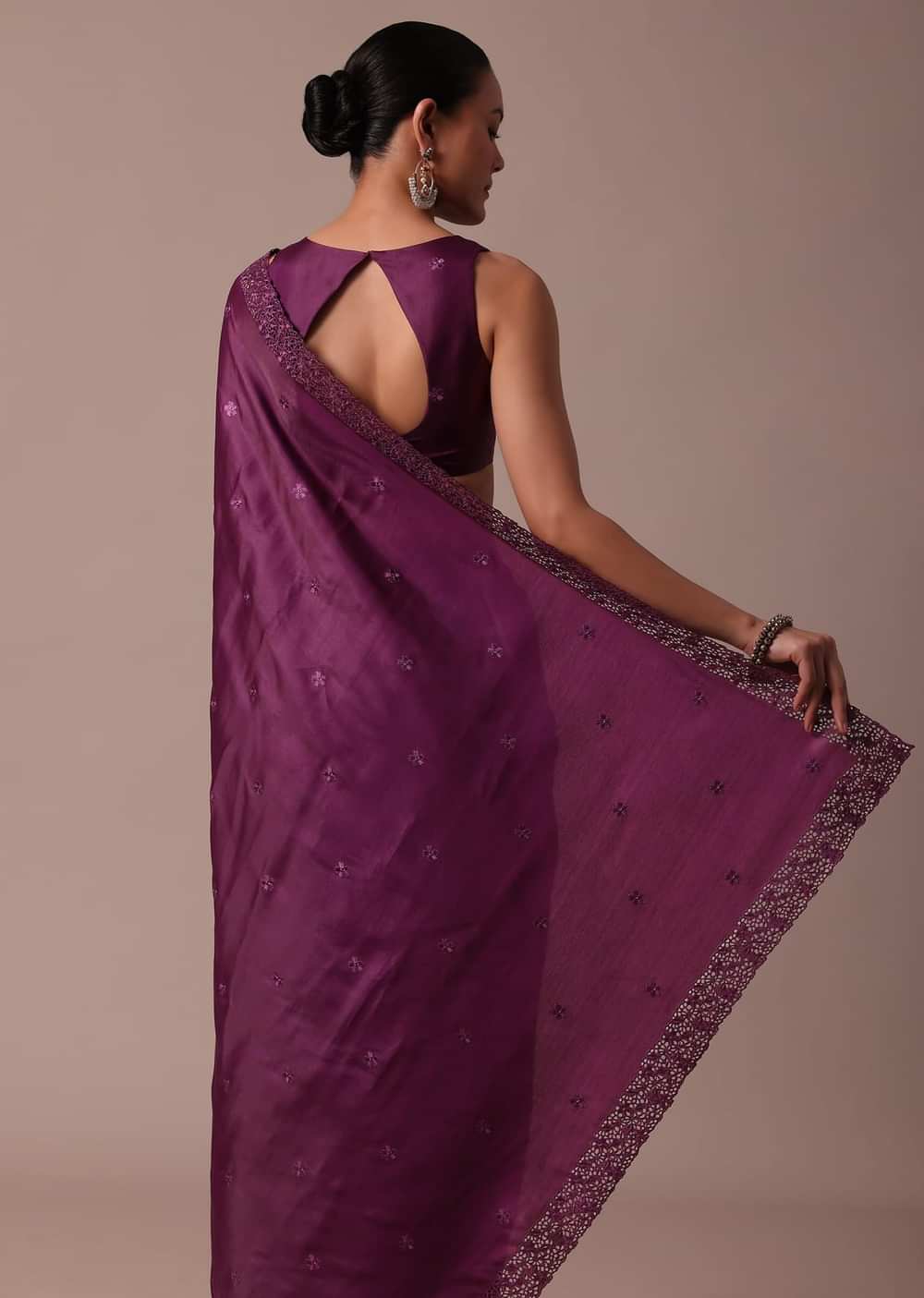 Wine Embroidered Tussar Saree With Unstitched Blouse