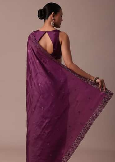 Wine Embroidered Tussar Saree With Unstitched Blouse