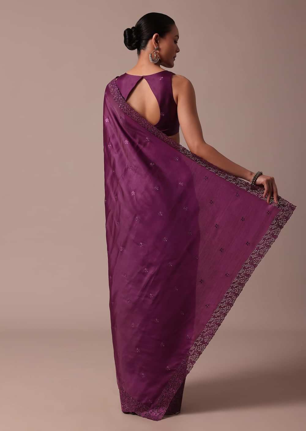 Wine Embroidered Tussar Saree With Unstitched Blouse