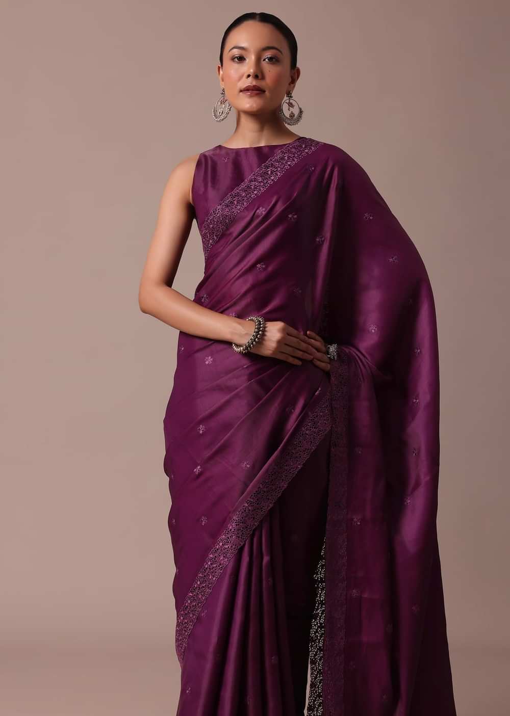 Wine Embroidered Tussar Saree With Unstitched Blouse