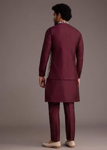Wine Floral Embroidered Jacket Kurta Set