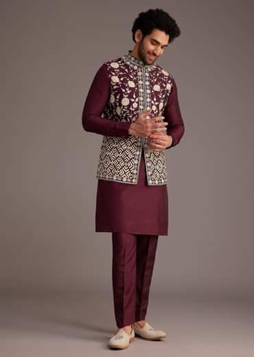 Wine Floral Embroidered Jacket Kurta Set