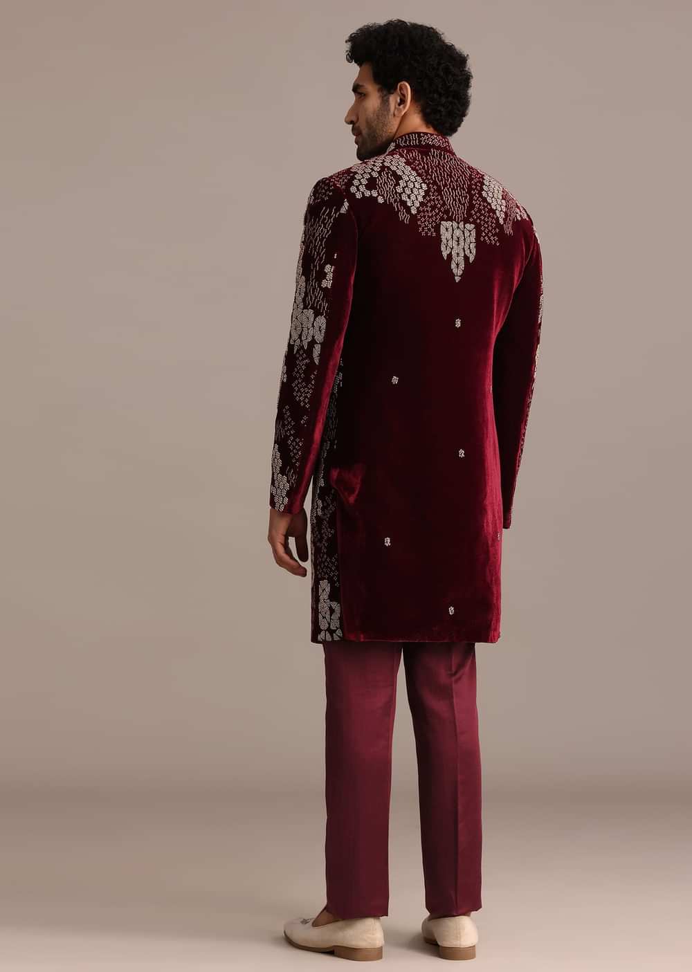 Wine Hand Embroidered Indo Western Set In Velvet