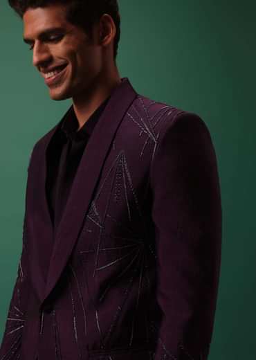 Wine Hand Embroidered Tuxedo Set With Fusing Pants