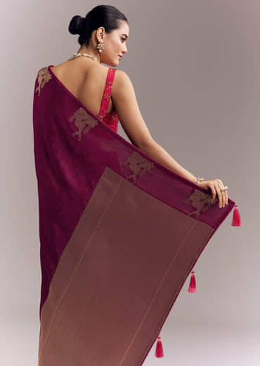Wine Jacquard Silk Woven Saree With Brocade Work And Embroidery