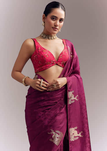 Wine Jacquard Silk Woven Saree With Brocade Work And Embroidery