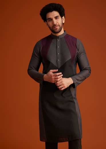 Wine Kurta Pajama Set With Contrast Panel Design