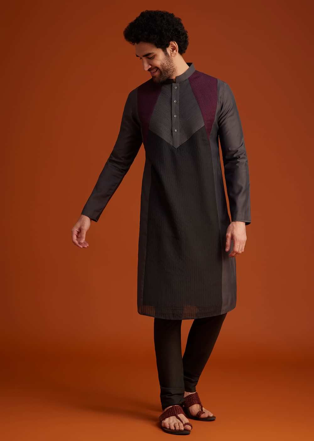 Wine Kurta Pajama Set With Contrast Panel Design