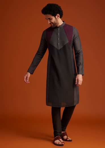 Wine Kurta Pajama Set With Contrast Panel Design