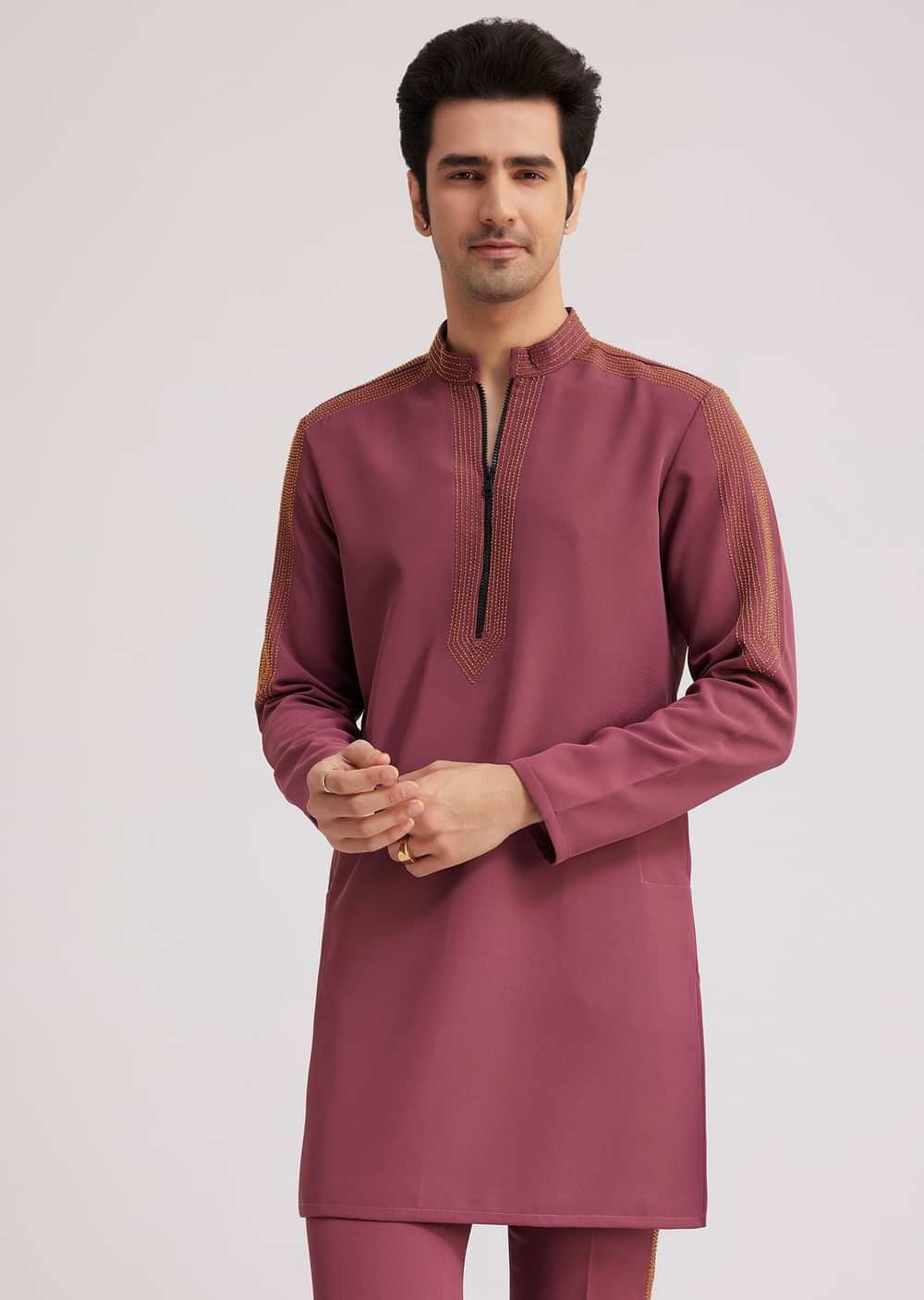Wine Lycra Kurta Set With Glass Bead Embellishments