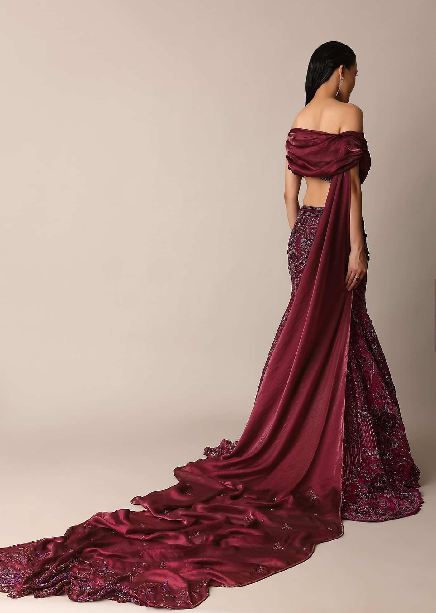 Wine Opulent Fish Cut Lehenga And Embellished Jacket Duo