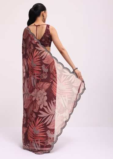 Wine Organza Leaf Printed Saree With Unstitched Blouse