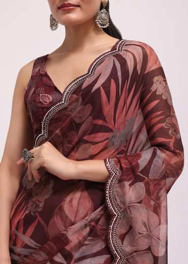 Wine Organza Leaf Printed Saree With Unstitched Blouse