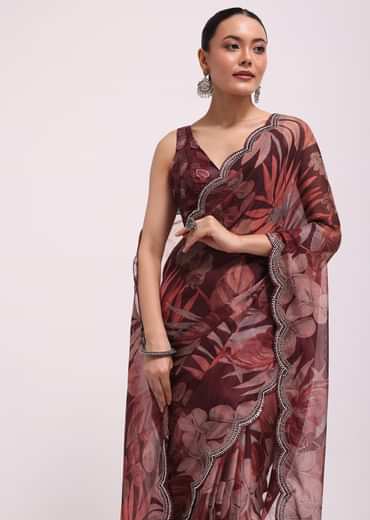 Wine Organza Leaf Printed Saree With Unstitched Blouse