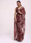 Wine Organza Leaf Printed Saree With Unstitched Blouse