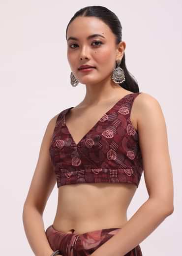 Wine Organza Leaf Printed Saree With Unstitched Blouse
