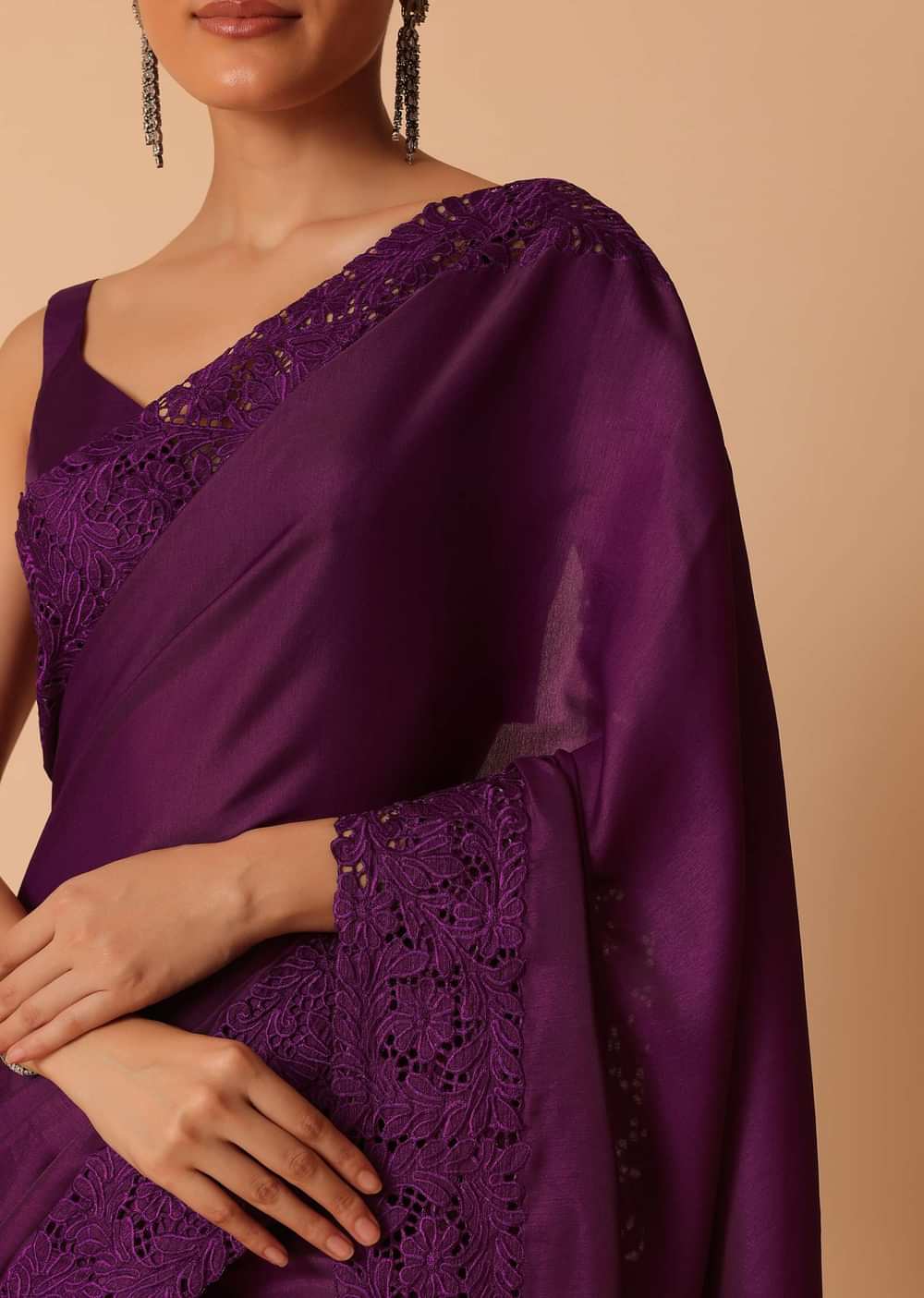 Wine Tussar Saree With Lace Border And Unstitched Blouse Piece
